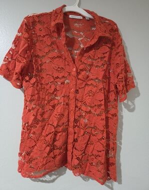 Notations Orange Coral Lace Button-Down Shirt